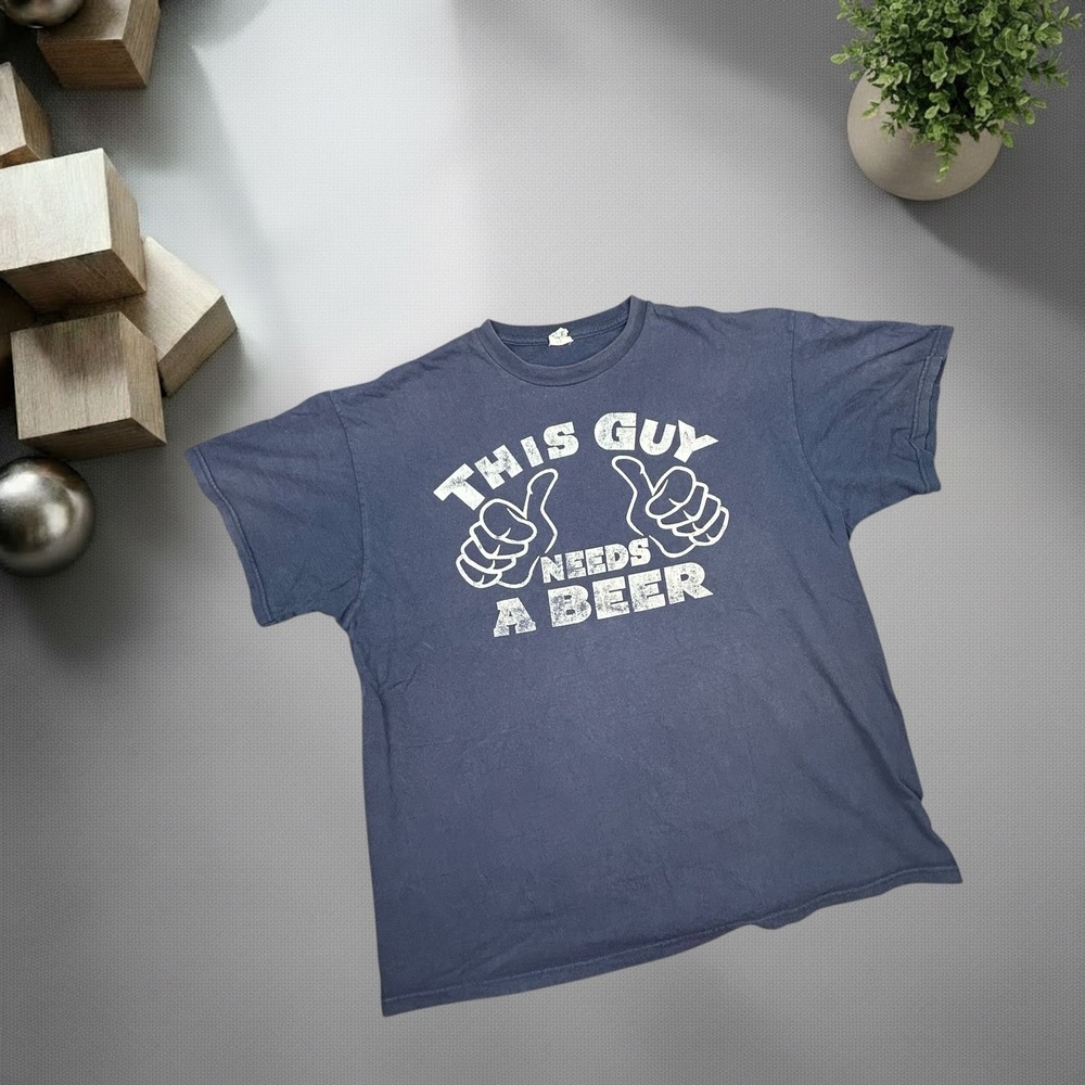Vintage Y2K This Guy Needs A Beer Graphic T-Shirt XL Navy Blue Skater Tee